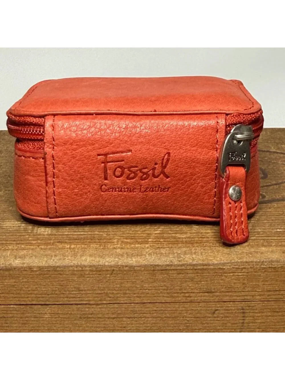Fossil Red Leather Small Zip Around Travel Jewelry Case